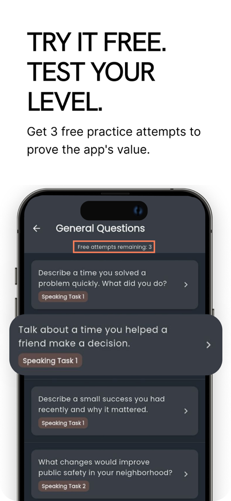 CELPIP Speaking Practice - Écran d'essai gratuit de l'application CELPIP Speaking Practice montrant les questions des tâches.