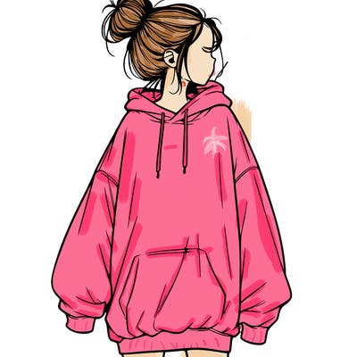 realistic girl with a oversized sweatshirt on and a bun