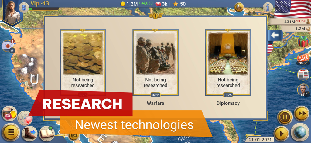Research screen in MA 2 President Simulator showing economy warfare and diplomacy paths.
