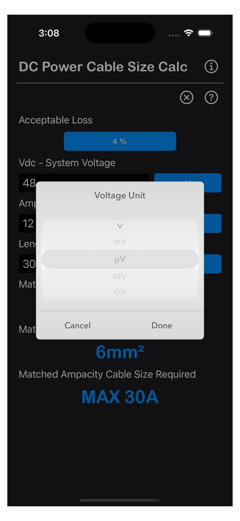 DC Power Cable Size Calc app interface showing a voltage unit picker modal with options like volts and microvolts over calculation fields