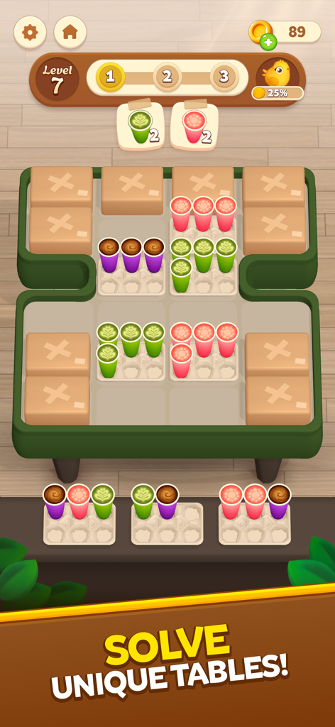 Coffee Pack mobile game level showing colorful coffee cups being organized into packs