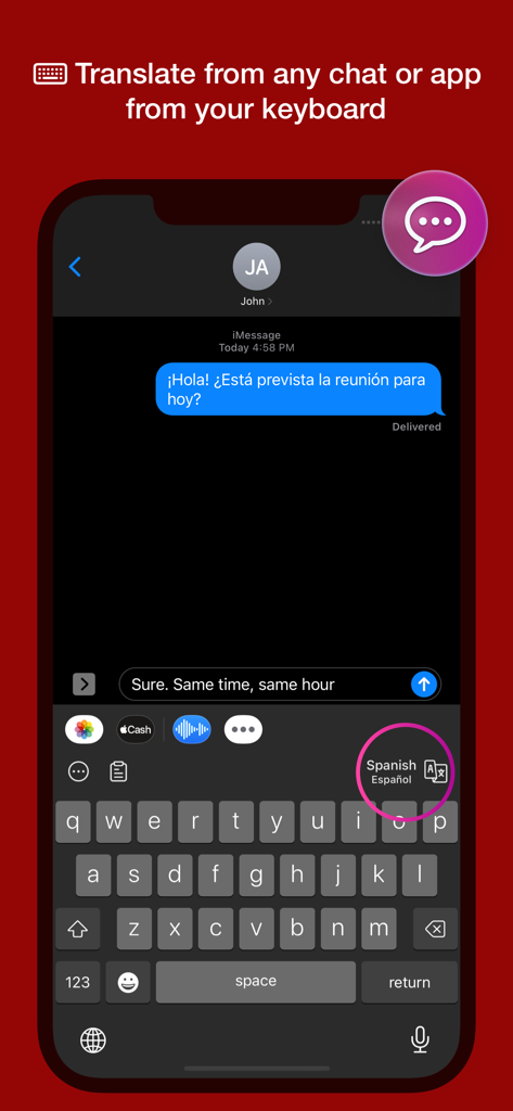 Pantalla de iPhone que muestra la extensión de teclado Tap Translate utilizada para traducir un mensaje en una aplicación de chat