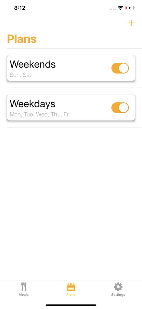 Meal Reminders - Meal Reminders app interface showing toggle options for weekday and weekend eating schedules