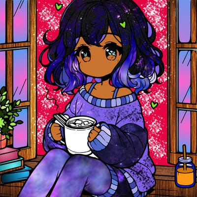 cute anime girl reading book and drinking hot chocolate from mug with loose wavy hair wearing a baggy sweatshirt and shorts sitting by windowsill looking out