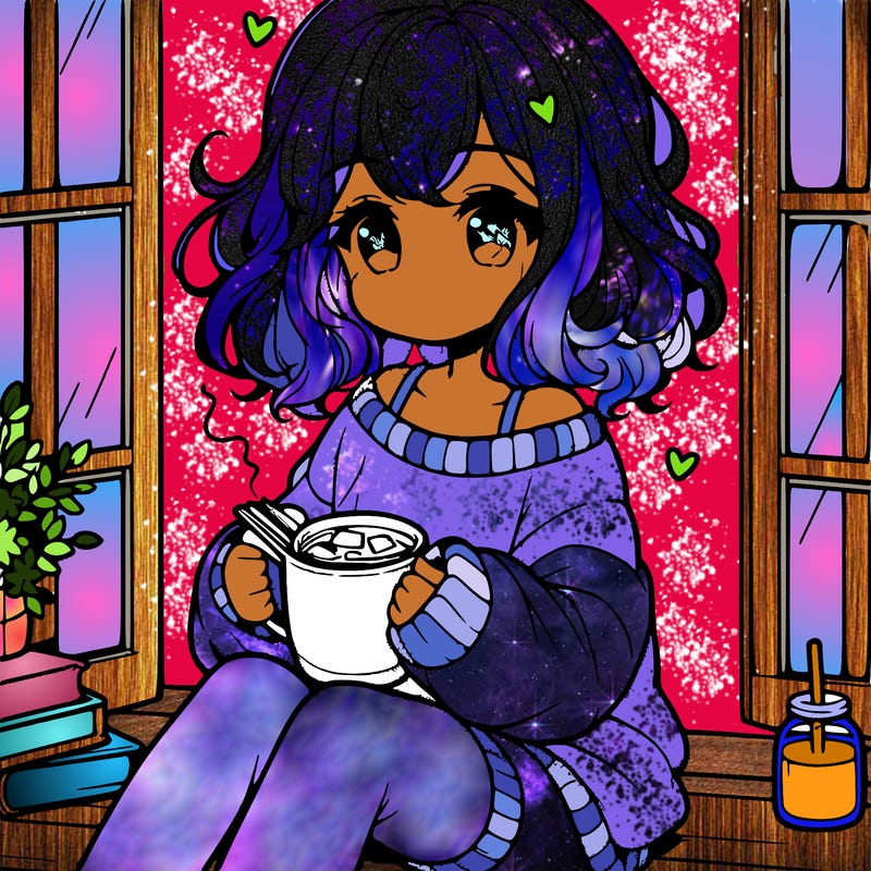 cute anime girl reading book and drinking hot chocolate from mug with loose wavy hair wearing a baggy sweatshirt and shorts sitting by windowsill looking out