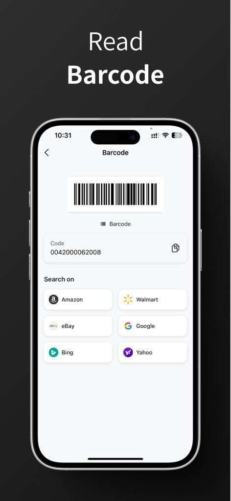 QR Code Generator / Scanner - Interfaz de aplicación móvil que muestra un código de barras escaneado con botones de búsqueda directa para Amazon, Walmart, eBay y Google.