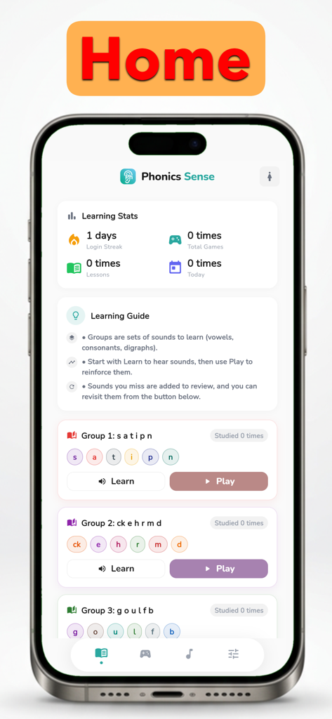 Phonics Sense - O painel inicial do aplicativo Phonics Sense mostrando estatísticas de aprendizado e grupos de lições para sons de fonética