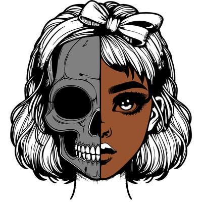 realistic girl with half skull mask