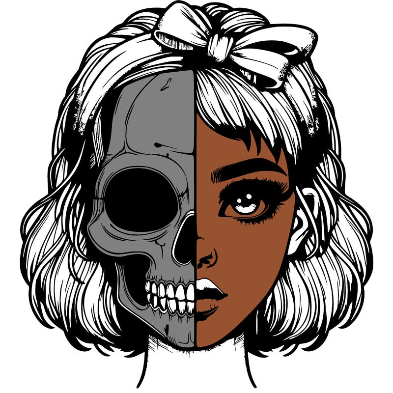 realistic girl with half skull mask