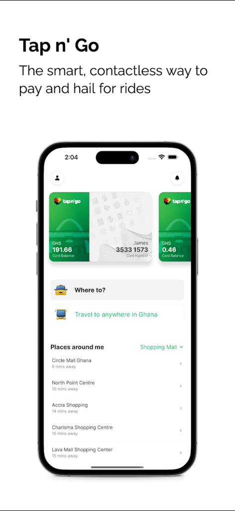 Tap n' Go - Commute in Ghana. - Tap n Go app interface showing digital travel cards and local commuting options in Ghana