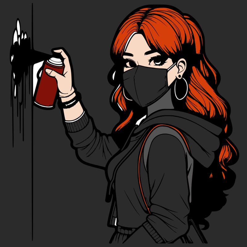 realistic girl with mask spray painting a wall