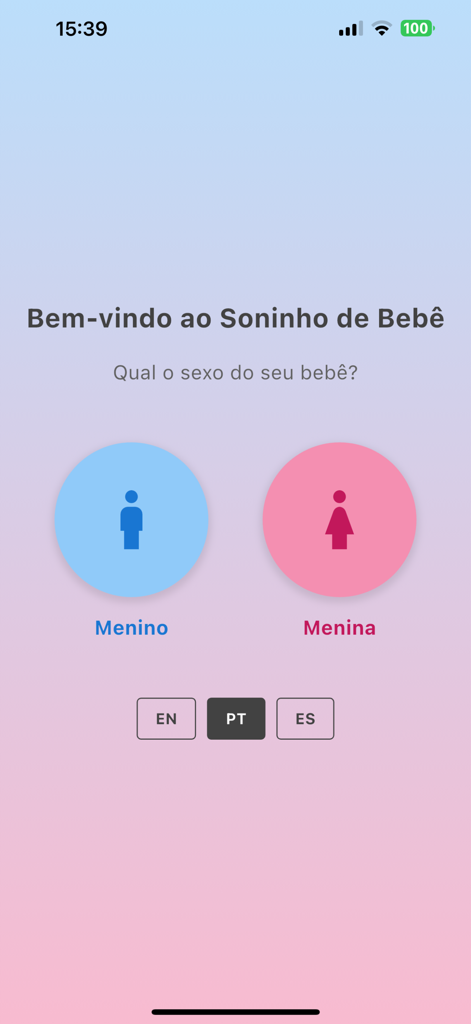 Soninho Bebê - Welcome screen of Soninho Bebe app with gender selection and language options