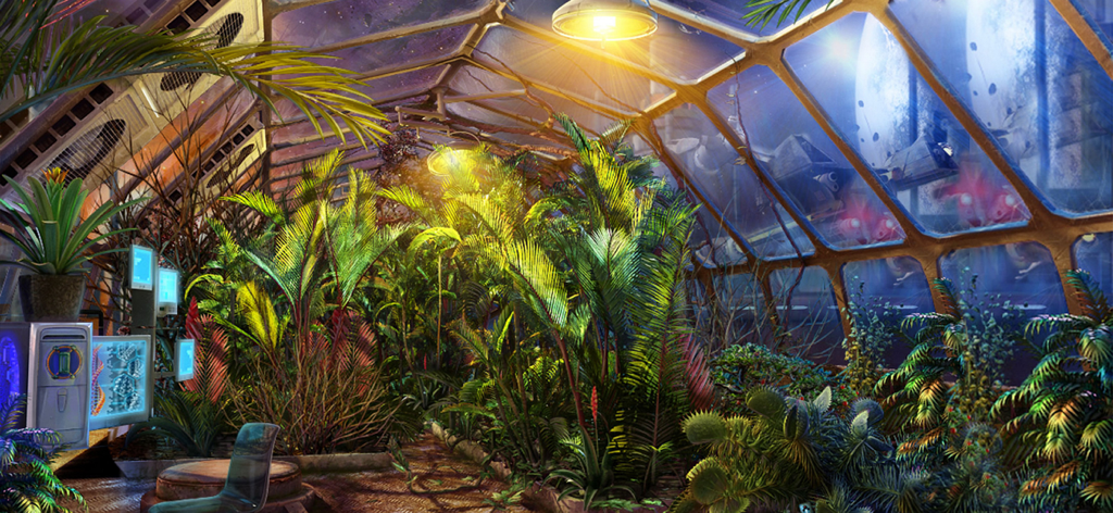 Space Legends: Full Adventure - Lush indoor greenhouse scene with exotic plants and a view of space through glass windows