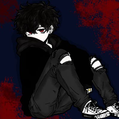a male hoddie ripped jeans messy hair anime