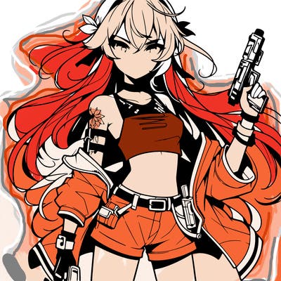 bad girl wearing crop top holding a gun long hair anime