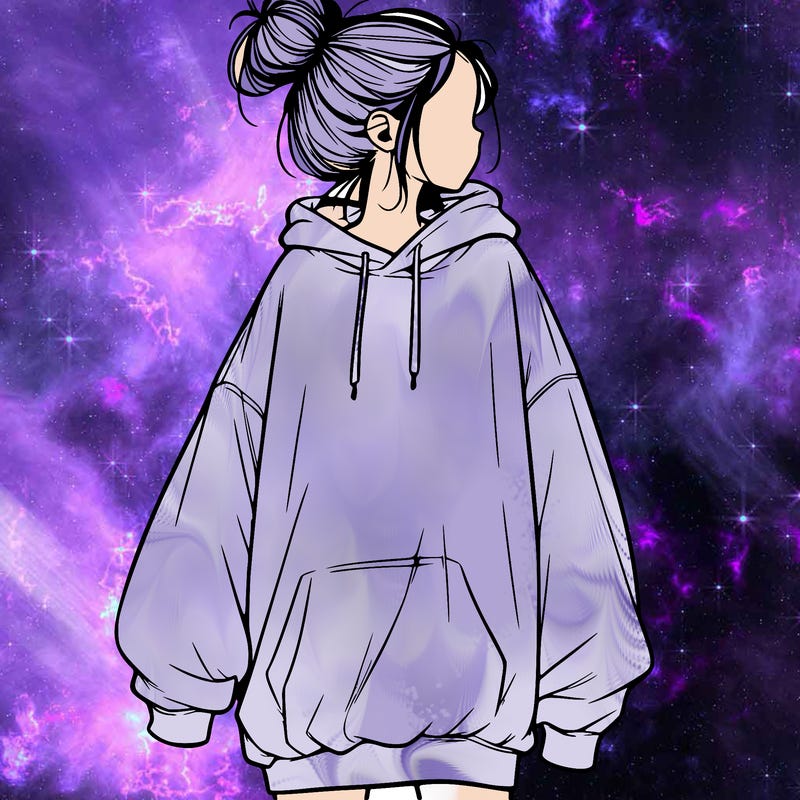 realistic girl with a oversized sweatshirt on and a bun