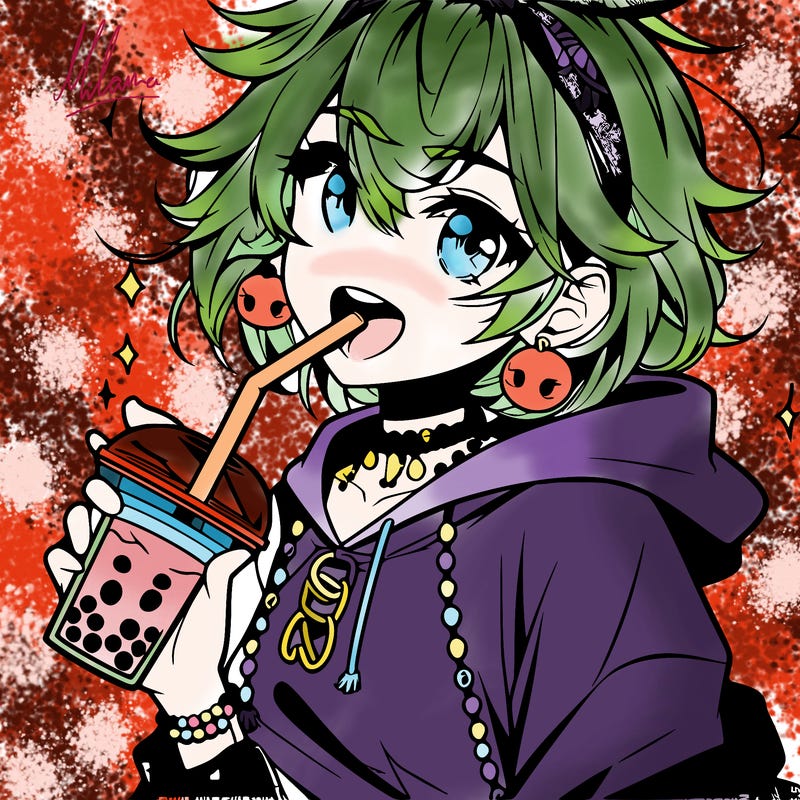 hot baddie anime girl drinking boba and biting the straw
