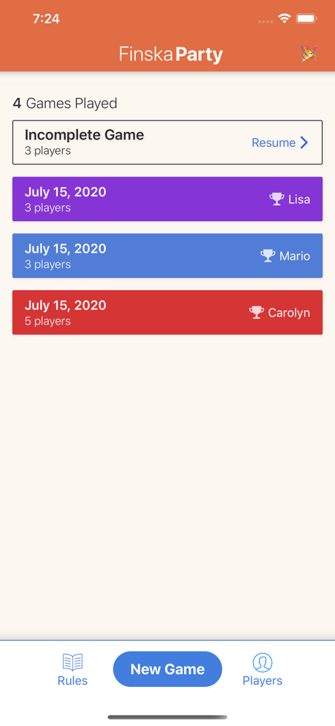 The Finska Party app showing a list of previously played games and winners.