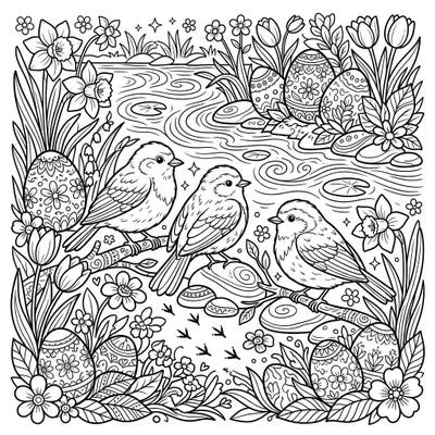 Discover a delightful Easter scene featuring three adorable river birds amidst blossoming spring flowers and beautifully decorated eggs. Perfect for a relaxing and festive coloring experience, bringing the joy of spring to your fingertips.