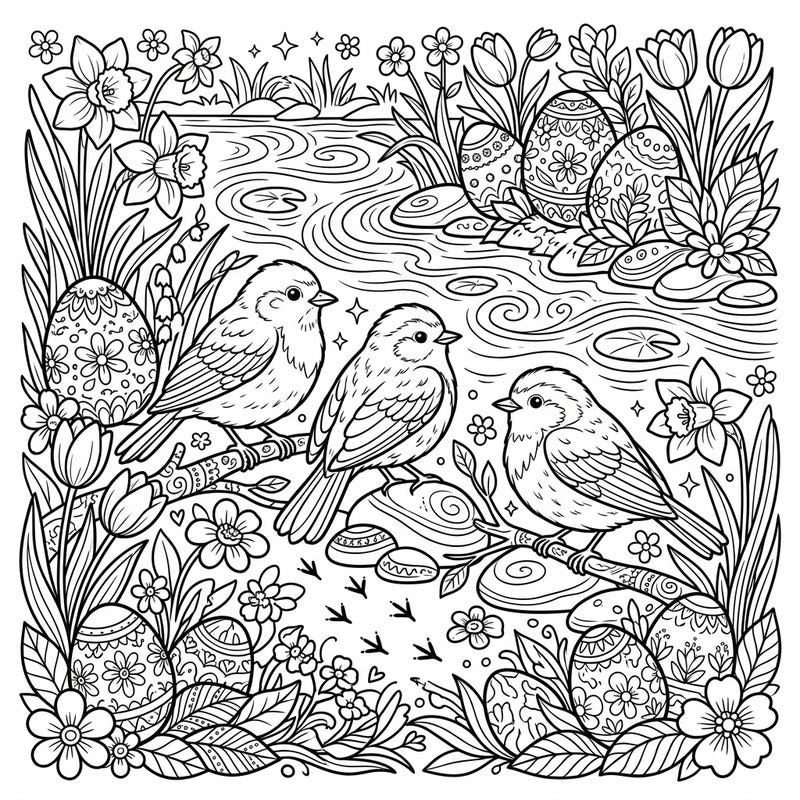 Discover a delightful Easter scene featuring three adorable river birds amidst blossoming spring flowers and beautifully decorated eggs. Perfect for a relaxing and festive coloring experience, bringing the joy of spring to your fingertips.