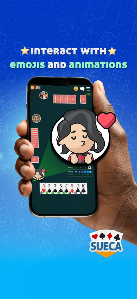 Hand holding a smartphone playing Sueca card game with a large interactive emoji overlay.
