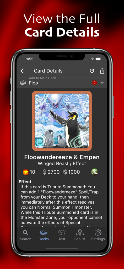Yugipedia Deck Builder - A mobile screenshot of the Yugipedia Deck Builder app showing the detailed view of a Yu-Gi-Oh card with its stats and effect text.