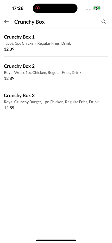 Chicking - Screenshot of Chicking mobile app menu showing various Crunchy Box meal options and prices