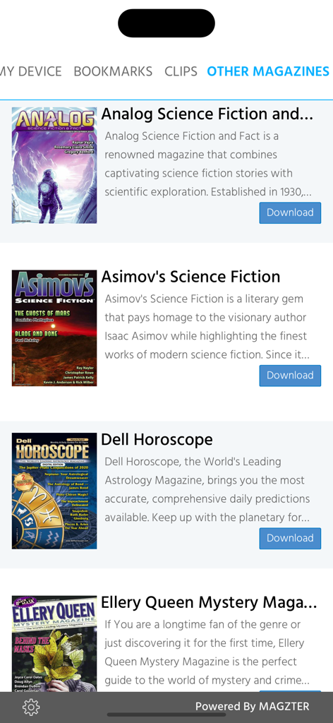 Alfred Hitchcock Mystery Mag - List of other magazines available for download in the app including science fiction and mystery titles