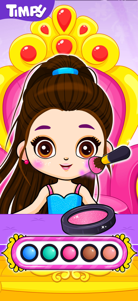 Games for 3 Year Old Girls - A cartoon princess getting glittery makeup applied with a brush in a kids game.