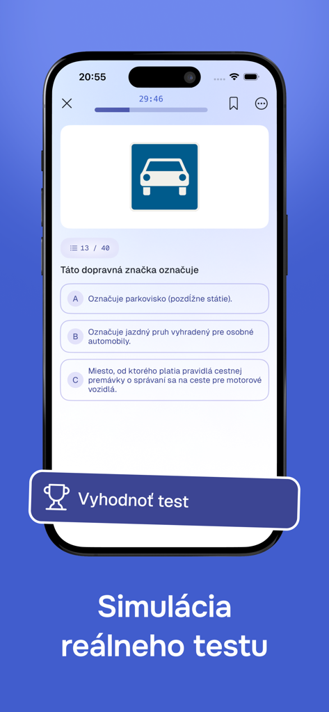 Autoškola - 2026 (SK) - Simulación de examen teórico de conducir eslovaco con una pregunta sobre señales de tráfico en la aplicación Autoskola 2026.
