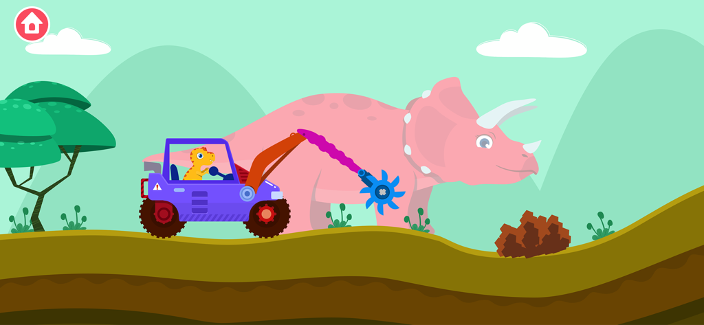 Dinosaur Digger Games for kids - Orange dinosaur driving a purple excavator next to a large pink triceratops