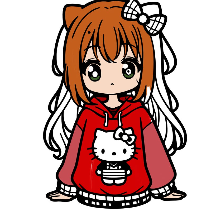 cute anime girl wearing a kuromi from hello kitty sweatshirt
