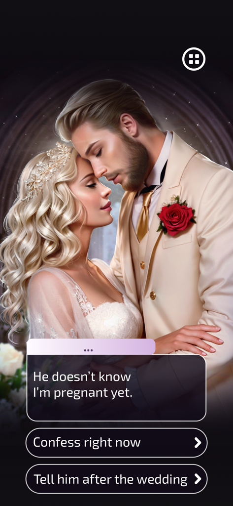 Una scena di matrimonio romantica in Novelize con una scelta interattiva per rivelare una gravidanza segreta