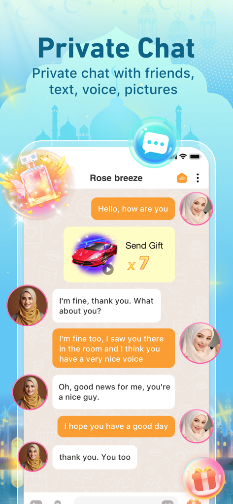 YouStar-Group Voice Chat Room - Interface de chat privé YouStar affichant des messages texte et un cadeau de voiture de sport virtuelle