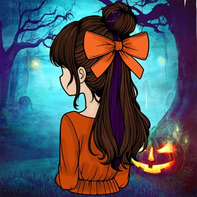 realistic girl  with hip length hair a bun and a big bow on the back of head