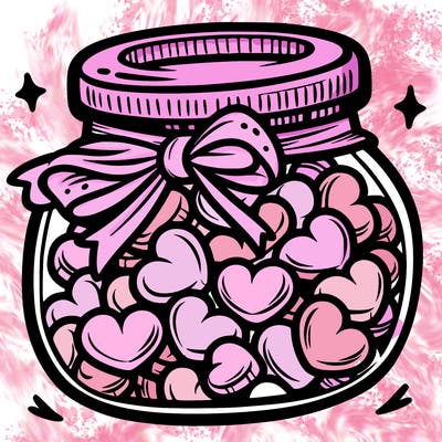 a jar filled with heart-shaped candies and a ribbon around the neck.