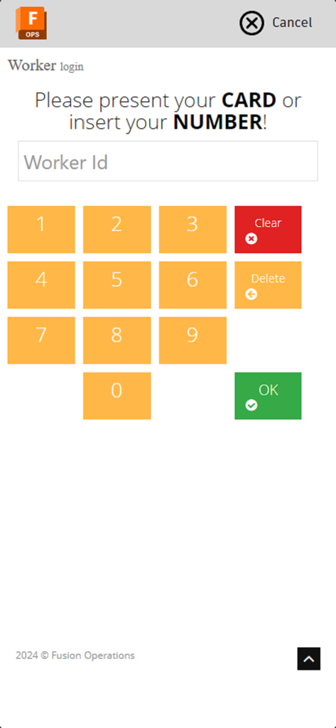 Worker login interface for Fusion Operations app showing a numerical keypad and worker ID input field