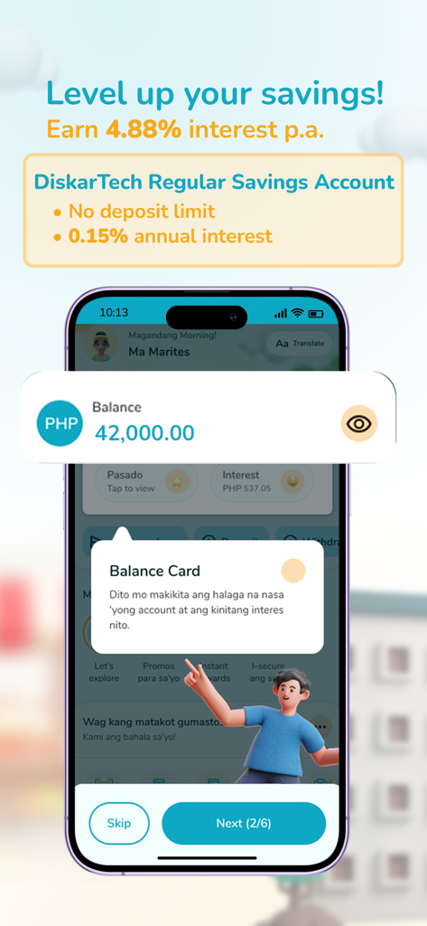 RCBC DiskarTech Savings app interface displaying a high interest rate offer and mobile banking dashboard.