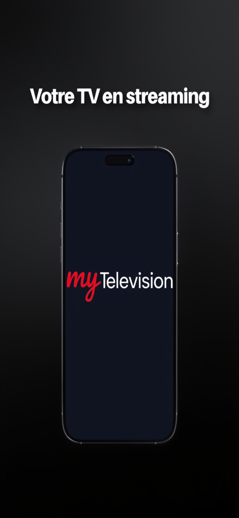 MyTelevisions - MyTelevisions app splash screen on an iPhone featuring the logo and streaming TV text in a dark elegant design