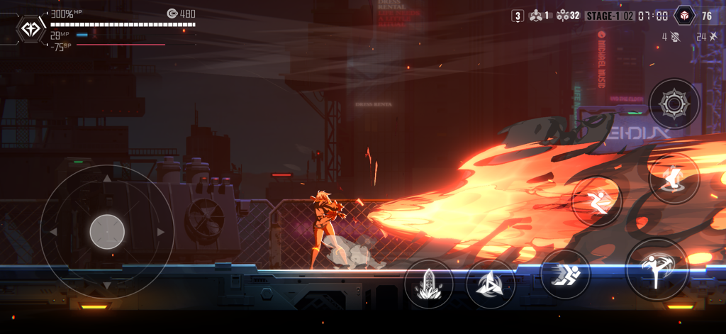 Jugabilidad de acción de BlazBlue Entropy Effect mostrando a un personaje desatando un masivo ataque de fuego.