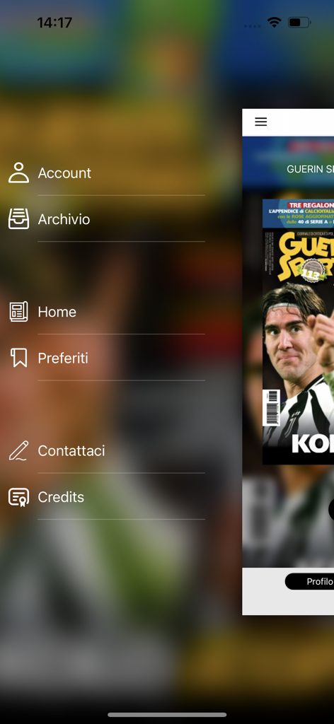 GS Guerin Sportivo - Menú de navegación lateral de la aplicación GS Guerin Sportivo con secciones como Cuenta, Archivo y Inicio en italiano.