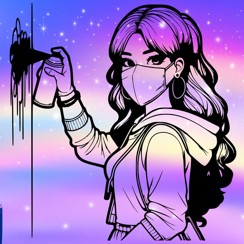 realistic girl with mask spray painting a wall