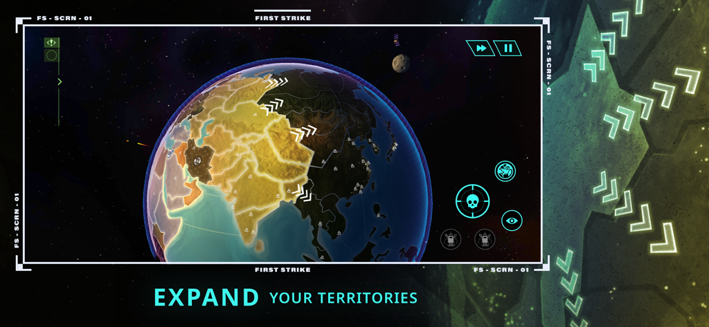 First Strike - Nuclear RTS - A strategic view of Earth in the First Strike game showing territorial expansion with arrows and icons.