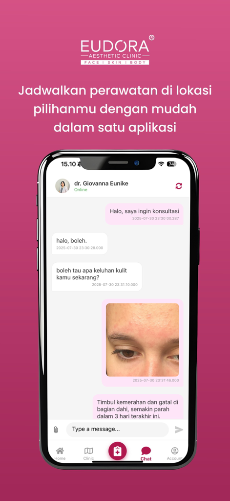 EUDORA AESTHETIC - Interface de chat de l'application mobile montrant un utilisateur consultant un médecin au sujet de problèmes de peau, y compris une fonction de téléchargement de photo.