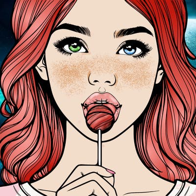a realistic girl with a lollipop in her mouth