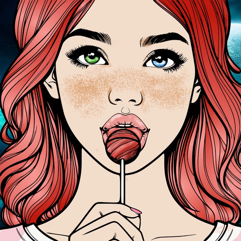 a realistic girl with a lollipop in her mouth
