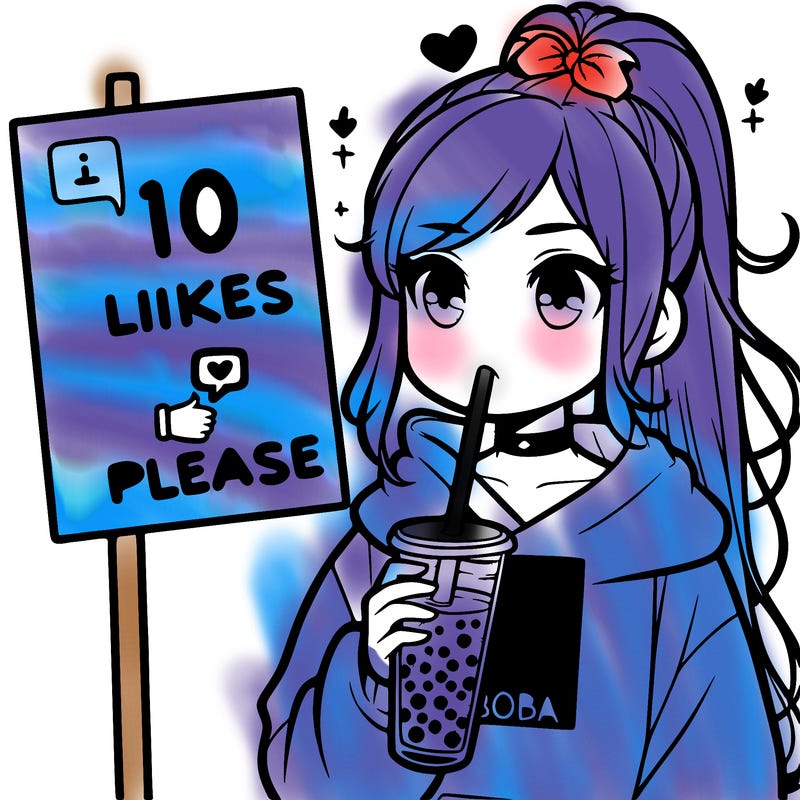 girl with a high ponytail and a hoodie drinking boba staring at a sign saying 10 likes please