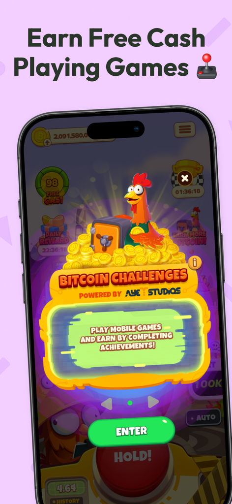 동전 더미 위에 앉아 있는 만화 닭과 함께 치킨 또는 추락 앱의 비트코인 챌린지를 보여주는 모바일 화면.