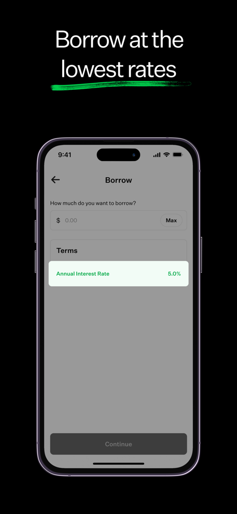 Lava: Secure Bitcoin Loans - Lavaアプリのインターフェース。ビットコイン担保ローンに対して年利5%が表示されています。