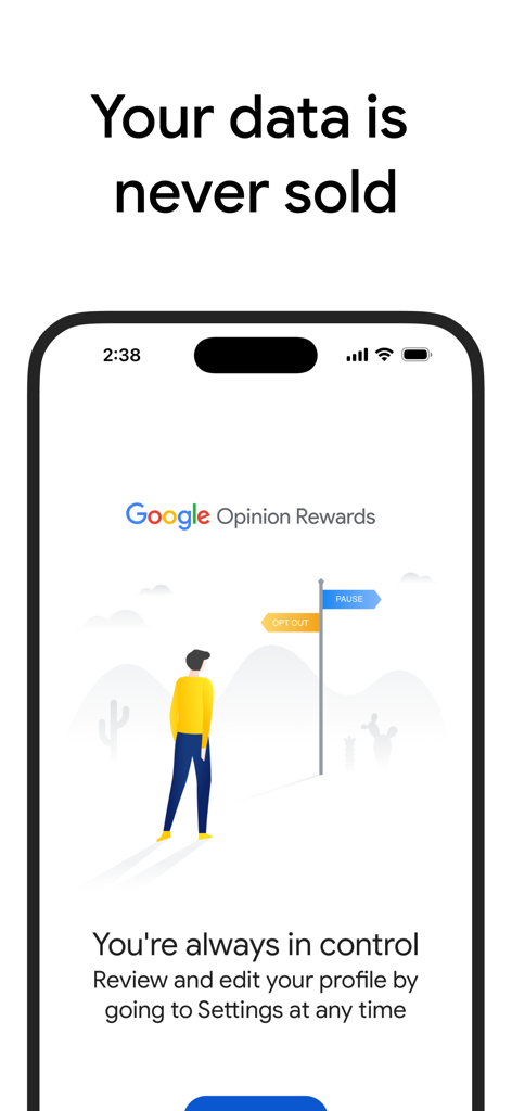 Google Opinion Rewards - Google Opinion Rewards app screen highlighting data privacy and user control options.